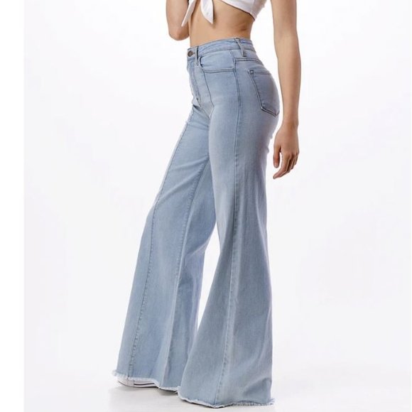 USA Made Light Wash Premium Denim Front Seam High Waist Flare Leg - Picture 2 of 4